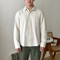 COZYCLUB Long Sleeve Linen Shirt | Kemeja Pria Kerah Lengan Panjang Baju Dark Grey Beige