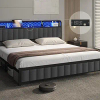 King Size Bed Frame with LED Lights &amp; Charging Station, Upholstered Platform Bed, Heavy Duty Support Frame