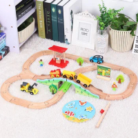 Boys Train Track Set Children's Train Toy Transport Set Wooden Green Forest Bridge Compatible With Electric Vehicles Pd22