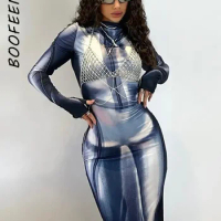 BOOFEENAA 3D Body Print Gloves Long Sleeve Maxi Dress Y2k Bodycon Vestidos Sexy Night Club Outfits for Women Clothing C17-CC25
