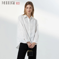 【Jessica Red】舒適百搭前短後長印花紋理長袖襯衫824433