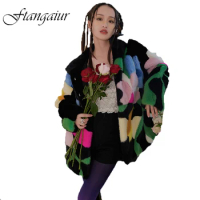 Ftangaiur Winter Coat For Women Import Velvet Mink Fur Coat Women's Cold Coats With Fur Hood Feather Print Flower Real Fur Coats