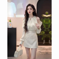 Spring Women's Clothing 2026 New Round Neck Beaded Off-Shoulder Long Sleeve Shirt Sequin Skirt Two-P