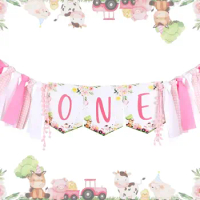 Pink Farm High Chair Banner 1st Birthday Girl Fabric Garland One Year Old Birthday Photo Props Souvenir Barnyard Party Supplies