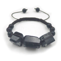 3 Tourmaline Points Black Agate Frosted Round Beaded Bracelet Hand-knitting Centipede Knot 6-8 Inches