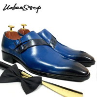 LUXURY MEN'S LOAFERS SLIP ON MONK STRAP SHOES BLUE BLUE CASUAL MENS DRESS SHOES OFFICE BUSINESS WEDDING LEATHER SHOES