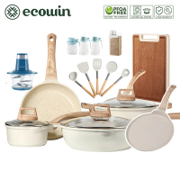 ecowin Non Stick Cookware Set with Pancake Pan, Meat Grinder , Cutting board, 4 Food Storage Jars, 1