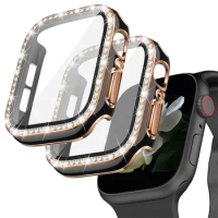 2PCS Diamond Bling Cover with glass for Apple Watch Case 38mm 42mm 41 40mm 45mm 44mm Protector Bumper iWatch Series 8 7 6 5 4 SE