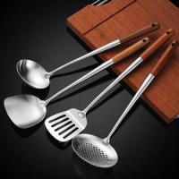 Wok Utensils for Carbon Steel, 304 Stainless Steel Wok Spatula, 4-Pieces, Wooden Handle Skimmer, Soup Ladle, Slotted Turner