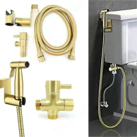 Stainless steel Gold Toilet Bidet Sprayer wc shower head set Handheld water T valve Hose Muslim Kit bathroom cleaning V27