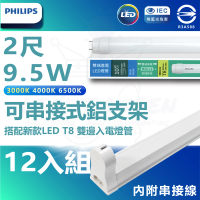 【Philips 飛利浦】12入組 T8 LED燈管 2尺 9.5W 附鋁支架組(白光/中性光/黃光 內附串接線)