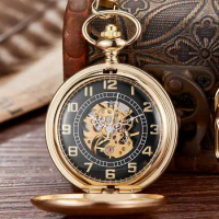 Unique Black Silver Pocket Watch Mechanical Hand-Winding Fob Watch Roman Numerals Dial Retro Clock Chain Pendants