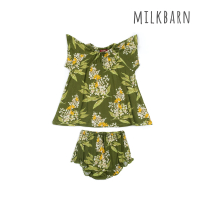 【Milkbarn】嬰兒 竹纖維小套裝-燈籠褲-綠底花(嬰兒上衣 嬰兒套裝 嬰兒洋裝)