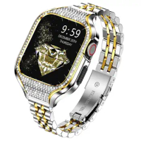 Bling Metal Case+Strap For Apple Watch Band 40mm 41mm Stainless steel dressy bracelet+Rhinestone case iwatch series SE 7 6 5 4 8