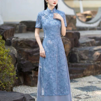 Summer Dress Cheongsam New Chinese Style Long Temperament Aodai China Daily Robe Vietnam Dress Qipao Floral Ao Dai Dress