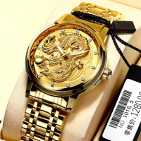 FNGEEN Mens Watches Top Brand Luxury Chinese Dragon Golden Quartz Watch Men Diamond Dial Stainless Steel Male Watch