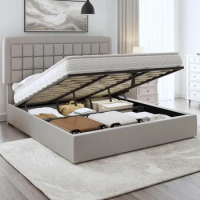 King Size Bed Frame, Upholstered Platform Bed with Hydraulic Lifting Storage, No Box Spring Needed, Lift Up Storage Bed Frame