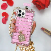 For iPhone 14 Plus X XsMax Luxury Bling Chain Diamond Rhinestone Crystal Perfume Bottle Phone Case for Apple 11 12 13 15 Pro Max