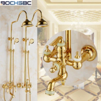 BOCHSBC Gold Shower Head Set European Style Vintage Shower Head with Water Tap Antique Bathroom Gold Hand Shower Set