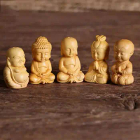 Vintage Boxwood Carved Small Buddha Statue Handicraft DIY Little Monk Figurines Home Decor Car Ornament Creative Gifts