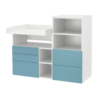 SMÅSTAD/PLATSA 嬰兒尿布更換桌, 白色 藍色/附書櫃, 150x79x123 公分