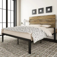 Queen Size Bed Frame, Platform Bed Frame with Wooden Headboard and Metal Slats, Mattress Foundation, Queen Bed Frame