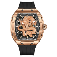 【BONEST GATTI】布加迪 玫瑰金色系 生肖款 龍年 酒桶造型 氟橡膠錶帶 自動上鍊機械腕錶(BG5606-A2)