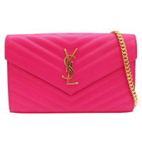 【二手名牌BRAND OFF】SAINT LAURENT YSL 聖羅蘭 桃紅色 牛皮 信封包 Cassandre 鍊帶 肩背包 金扣