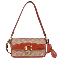 【COACH】COACH STUDIO BAGUETTE金字C金屬鎖釦塗層帆布印花拼接牛皮手提斜背兩用法棍包(卡其x棕紅)