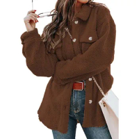 European and American Women Winter Solid Color New Lapel Shirt Jacket Teddy Velvet Women's Single Breasted Casual Pocket Jacket