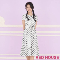 【RED HOUSE 蕾赫斯】甜美荷葉領綁帶圓點洋裝(白色)