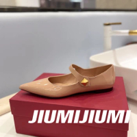 2023 JIUMIJIUMI Newest Handmade Boat Shoes Patent Leather Woman Flats Pointed-Toe Woman Flats Rivet Single Shoes Sapato Feminino