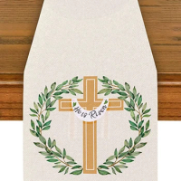 He Is Risen Blessed Easter Table Runner Seasonal Wreath Summer Holiday Farmhouse Indoor Table Runner for Home Party Decor