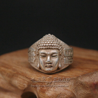 古玩老貨收藏仿古老銀藏銀苗銀白銅釋迦摩尼佛頭戒指扳指指環佛祖