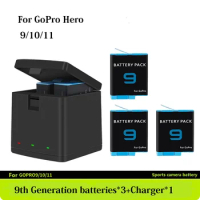 1800mAh Battery for GoPro Hero 9/10/11/12 Batteries 3-channel USB charger for GoPro Hero Sports Camera Accessories Set