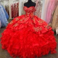 Red Ruffels Luxury Embroidery Mexican Ball Gown Quinceanera Dress Tulle Off The Shoulder Sweet 15 Dress Vestidos De 15 Años