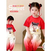 ชุดเสื้อยืดแขนสั้นเด็กผู้หญิง Nezha เสื้อผ้าเด็ก ชุดฤดูร้อน 2025 ใหม่ ชุดฤดูร้อนไล่สี Nezha