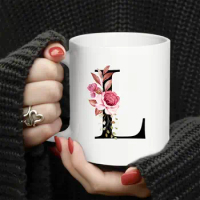 11oz Letter Flower A-Z Coffee Mug For Office And Home, Alphabet Ceramic Coffee Mug, Birthday Gifts For Best Friend Gift