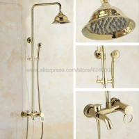 Luxury Gold 8" Rainfall Shower Head Shower Set Faucet with Hand Shower Spray Mixer Tap Wall Mounted Kgf406