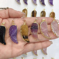 Caved Feather Shape Natural Rose Crystal Quartz Amethysts Gemstones Gold Color Plated Necklace Pendants MY220744