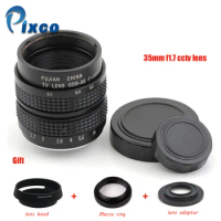 Pixco 35mm f/1.7 for Nikon 1 MICRO 4/3 For Pentax Q Nex FUJI FX CC TV Lens + Lens Hood + Macro Ring + C Mount to camera adapter
