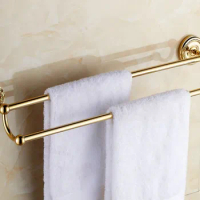 Polished Gold Color Brass Wall Mounted Bathroom Double Bar Rack Towel Rails Holder 2ba602