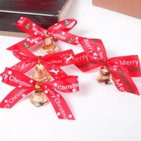100pcs Printed Satin Ribbon Bows Bowknot With Tinkle Bell For Christmas Tree Wreath Gift Decorations Accessories