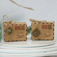 20/50Pcs Vintage Kraft Paper Candy Box Airplane Air Mail Favor Gift Boxes With Compass Hanging Birthday Wedding Party Decoration
