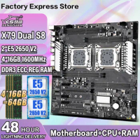 JINGSHA X79 Dual S8 Motherboard CPU with Intel Xone E5-2650 V2*2 and 4*16GB=64GB DDR3 1600MHz ECC REG Support LGA2011 Processor