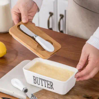 Kitchen Butter Container Ceramic Butter Dish with Lid Multipurpose Knife Large Capacity Butter Keeper for Countertop