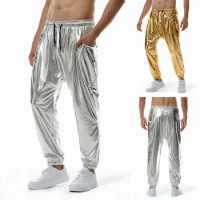 Shiny Metallic PU Leather Sweatpants Men Hip Hop Gold Coated Trousers Disco Nightclub Costume Stage Perform Pants for Singers