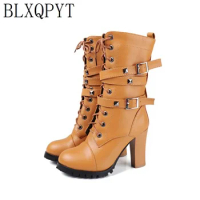 BLXQPYT Plus Size 34-48 Ankle Boots Women Platform High Heels Female Lace Up Shoes Buckle Zip Woman Short Boot Footwear 99-6