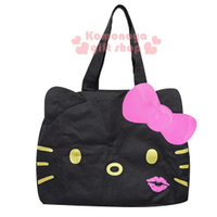 小禮堂 Hello Kitty 可折疊旅行袋《L.黑.大臉.粉紅唇印》可掛於行李箱桿上