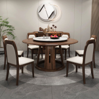烏金木實木圓形餐桌椅組合帶巖板轉盤新中式小戶型家用餐廳圓桌